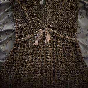 Brown Crochet Knit Top with Ribbon Detail